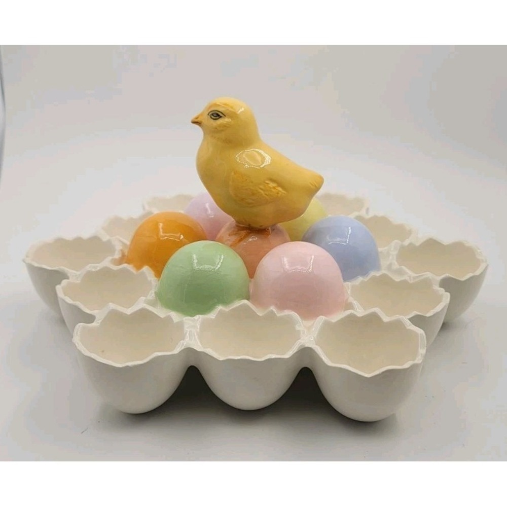 Vintage Easter Egg Ceremic Holder Chick With 12 Cracked Egg Holders Deviled